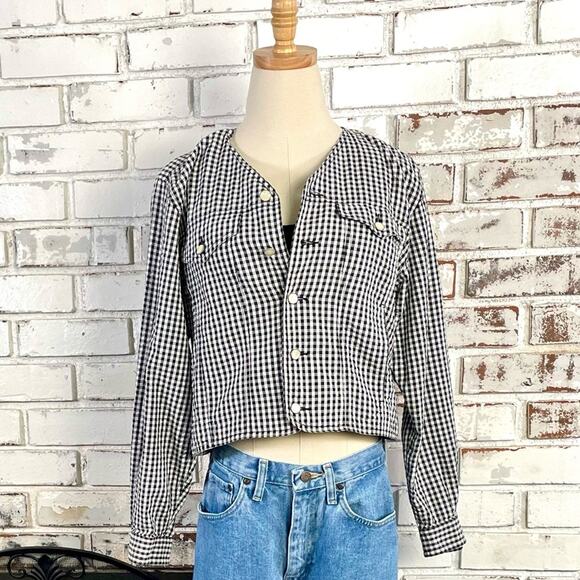Vintage Jackets & Blazers - Vintage 90s Gingham Black White Pearl Button Cotton Lightweight Jacket Petite